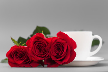 Red roses with a coffee cup of white color on a gray background
