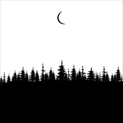 hand drawn template or card illustration with silhouettes of moon and spruce and pine forest.forest and camping theme
