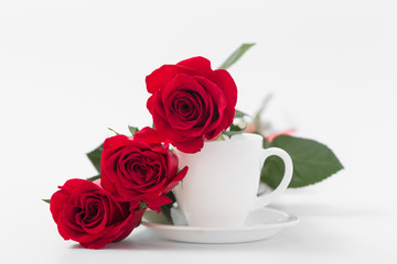 Obraz na płótnie Canvas Red roses with coffee cup of white color on a white background.