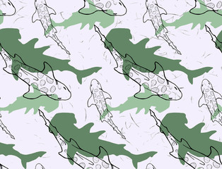 seamless pattern with hand drawn contours and silhoettes of leopard shark and hammerhead shark. military color palette