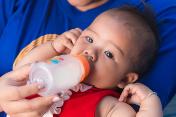 Baby sucking milk from a bottle on her mother.