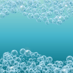 Wavy frame of realistic water bubbles. Shampoo or soup foam curvy line. Template for web site background, flyer, banner. Good for greeting card and party invitation. Aqua park, swimming pool, diving.