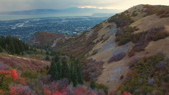 Aerial view on hillside above city during Fall.