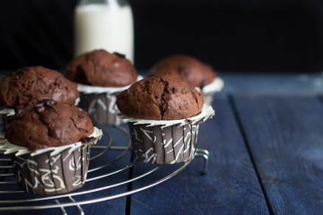 Homemade chocolate muffin with bottle of milk on a wooden table background. Copy space. Mini cakes with chocolate
