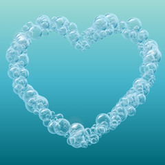 Heart of cleaning foam or shampoo bubbles. Template for web site background, flyer, banner. Good for aqua park, swimming pool, diving club design. Deep sea with bubbles and sprays underwater.