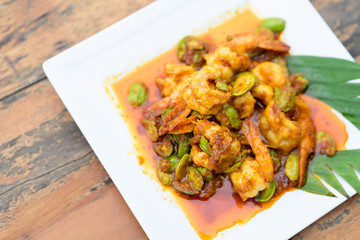 Stir-fried stink bean with shrimp. Top view.