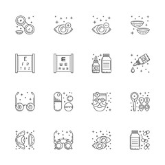 Vector icons in linear style on the subject of ophthalmology relating to diseases and eye health treatment and testing. The selection of glasses and contact lenses for patients