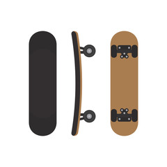 Skateboard image on three sides. Top view from the bottom and side of the skateboard. Vector illustration.