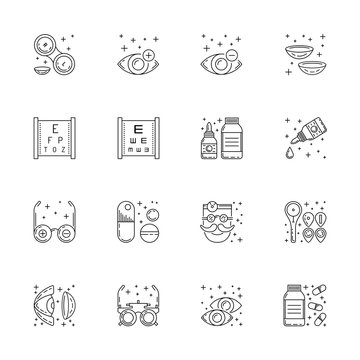 Vector icons in linear style on the subject of ophthalmology relating to diseases and eye health treatment and testing. The selection of glasses and contact lenses for patients