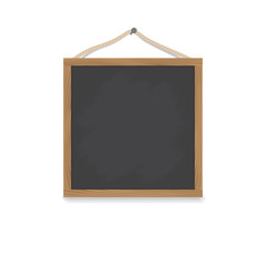 A square wooden chalkboard hangs on a nail on a rope. Board for a menu or drawing. Vector illustration.