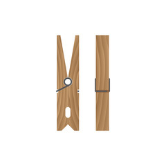 Wooden clothespin isolated on white background. Front and side view. Vector illustration.