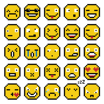 SET OF EMOTIONS SET OF EMOJI SMILE ICONS SMILE PIXEL SMILE RETRO SECOND SET YELLOW