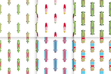 Set seamless pattern with colored design skateboard and longboards. Textures boards for skating which you can use for wrapping paper, packaging, and background.