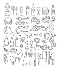 Collection of hand drawn BBQ party elements. Drinks, meat, grilled fish, vegetables, sausages, condiments and supplies. Vector illustration.