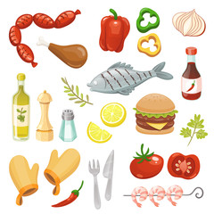 Set of summer barbecue party elements with grilled fish, chicken, prawns drumstick, burger, peeper, sausages and condiments. Isolated elements. Vector illustration.