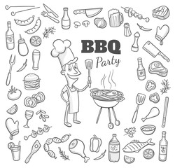 Collection of hand drawn BBQ party elements and a cartoony chef cooking in a barbecue. Vector illustration. - obrazy, fototapety, plakaty