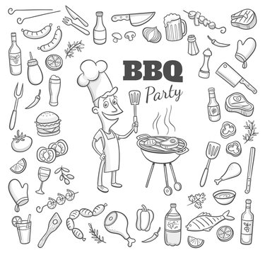 Collection of hand drawn BBQ party elements and a cartoony chef cooking in a barbecue. Vector illustration.
