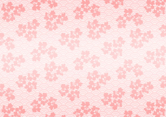 桜の花模様のイラスト（青海波模様背景）