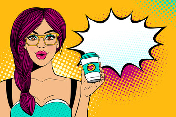 Wow pop art female face. Sexy surprised young woman in glasses with open mouth and pink hair holding coffee to go mug and speech bubble. Vector bright background in pop art retro comic style.