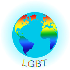 Globe symbol with lgbt rainbow colored world map. World map painted in seven primary colors