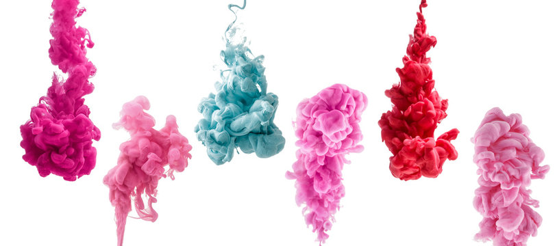 set of colorful ink isolated on white background. red, pink, blue drop swirling under water. Cloud of ink in water. 