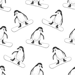 Seamless pattern - penguins on snowboard.