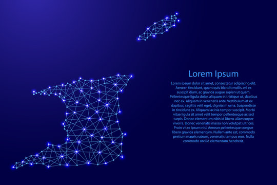 Map of Trinidad and Tobago from polygonal blue lines and glowing stars of vector illustration
