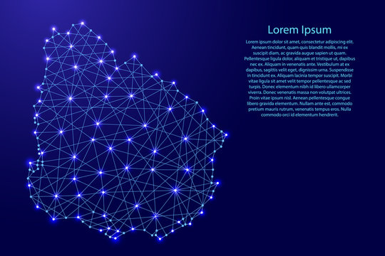 Map of Uruguay from polygonal blue lines and glowing stars of vector illustration