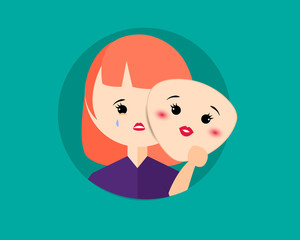 Obraz premium sad girl holding a happy mask 