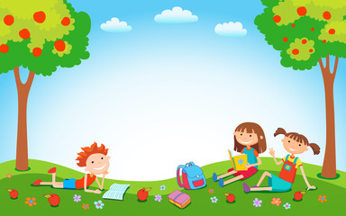 Children playing on the grass in the park before school