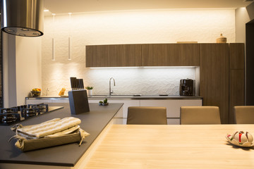 Modern kitchen island, warm colors