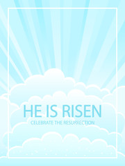 Sky background with clouds and lettering He is risen