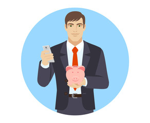 Businessman with mobile phone and piggy bank