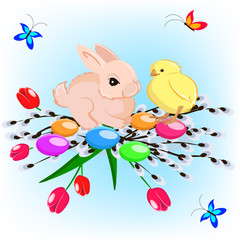 Naklejka premium Vector illustration of easter card with a bunny, a chicken and butterflies
