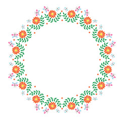 Embroidery stitches imitation round frame with orange flower and butterfly