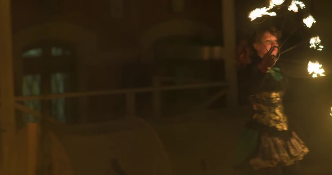 Fire performers, fire show. Slow motion