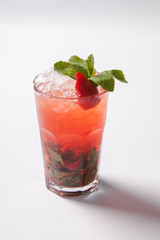 Mojito strawberry cocktail. closeup isolated on white background.
