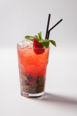 Mojito strawberry cocktail. closeup isolated on white background.