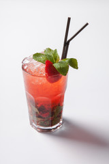 Mojito strawberry cocktail. closeup isolated on white background.
