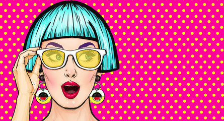 Amazed Pop Art girl in glasses. Party invitation.Birthday card.Comic woman.Sexy girl. Sale.  © lucky1984