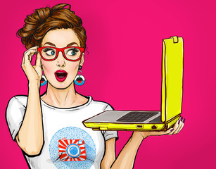 Girl with laptop in the hand in comic style. Woman with notebook.Girl in glasses. Hipster girl. Digital advertisement. - obrazy, fototapety, plakaty