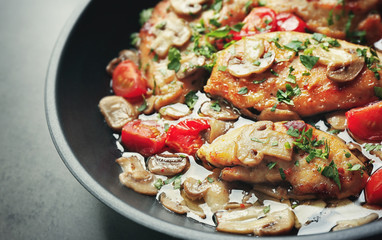 Frying pan with delicious chicken marsala, closeup