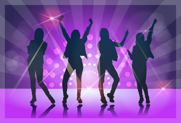 Obraz na płótnie Canvas Silhouette Woman Group Dancing Night Club Light Flat Vector Illustration