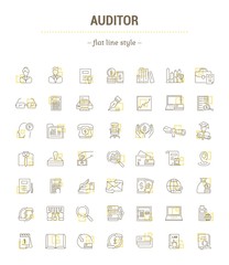Vector graphic set. Icons in flat, contour, thin, minimal and linear design.Audit. Management of financial statements,payments.Monitoring of accounting.Concept illustration for Web site.Sign,symbol.