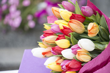Colorful bouquet of white, pink, yellow and red tulips lying on the gift box. Spring background.