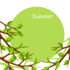 Summer card with branches of tree and green leaves. Seasonal illustration