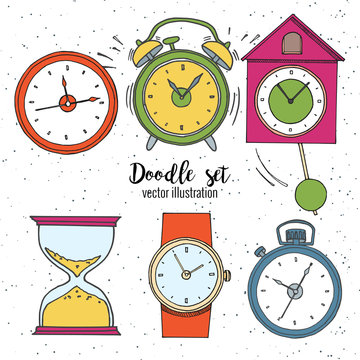 Set of doodle sketch watches. Alarm clocks, sand glasses, stop-watch and timer. Time icon in cartoon style. Vector illustration.