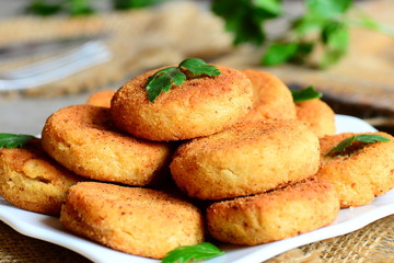 Crispy chickpea fritters on a plate. Fried veggie fritters made with chickpeas puree. Meatless dish idea. Rustic stile. Closeup