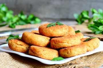 Chickpea fritters on a plate. Fried vegetarian fritters made with chickpeas puree. Meatless meal...