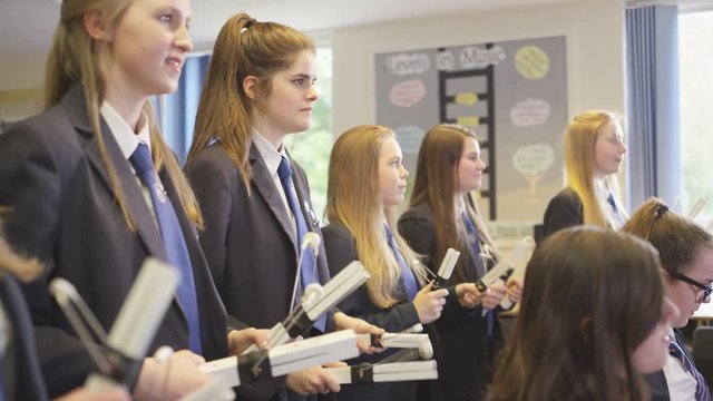  Group of teen girls playing percussion instruments in school music lesson